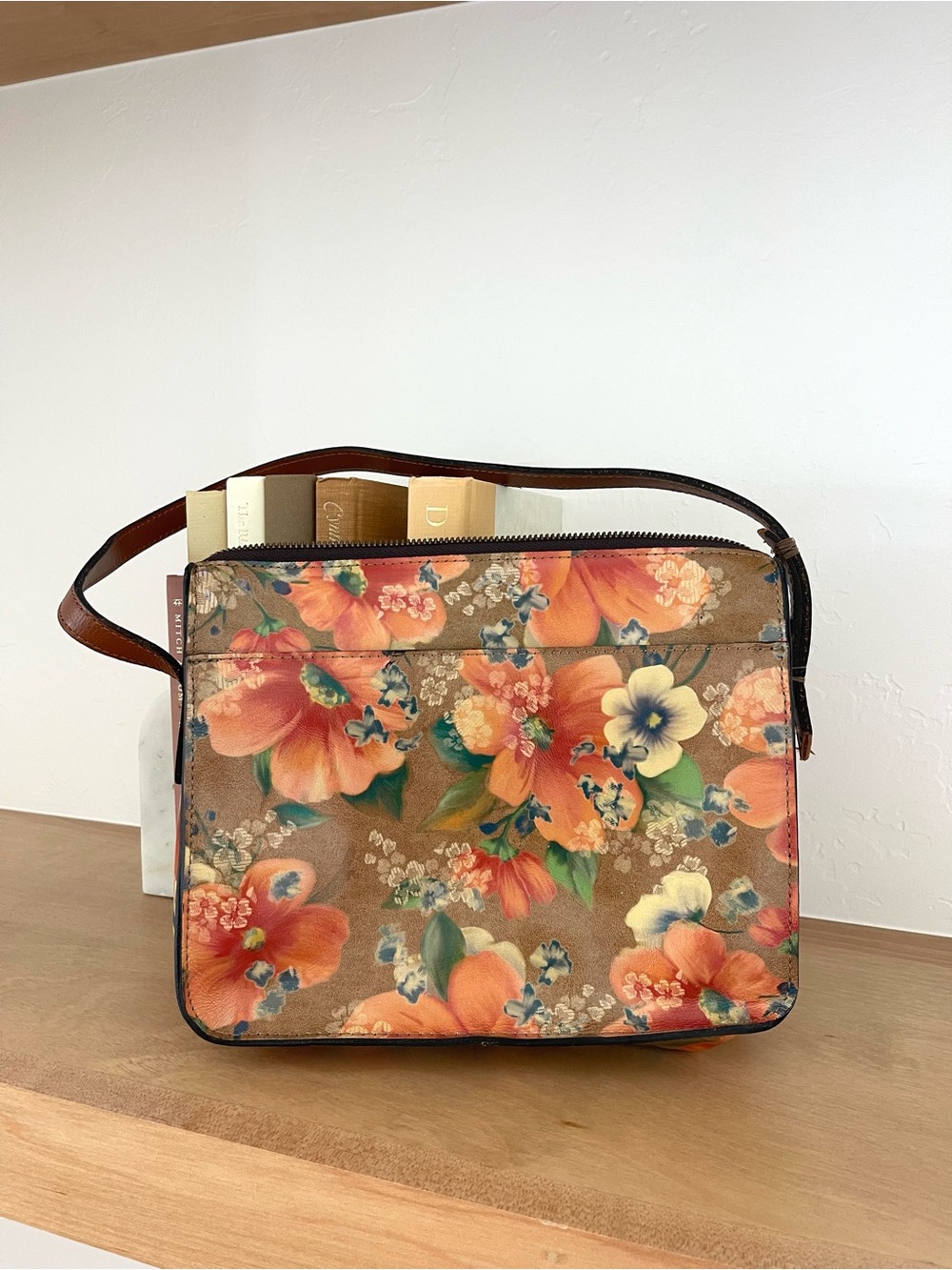 Patricia Nash Vallata Apricot Blossoms Floral Tan Brown Orange Leather Purse Bag